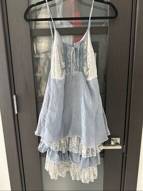 Beulah Pale Blue Lace-Up Lace Paneled Dress